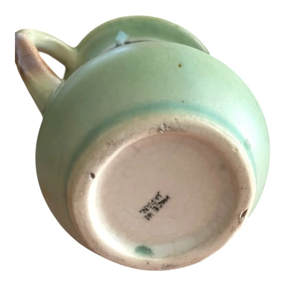 Art Deco Style Ceramic Vase Two Handles, Green & Brown.
